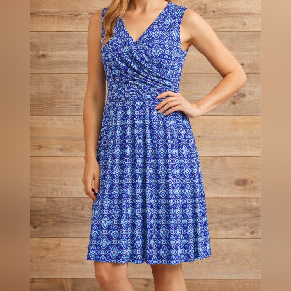 Coldwater Creek Dress Womens 6 Blue Purple Floral Sleeveless V Neck Ruched Wrap